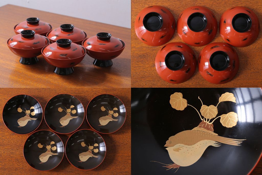 アンティーク雑貨　アンティーク　根来塗風　山葵に河豚の図　木製蒔絵椀5客セット