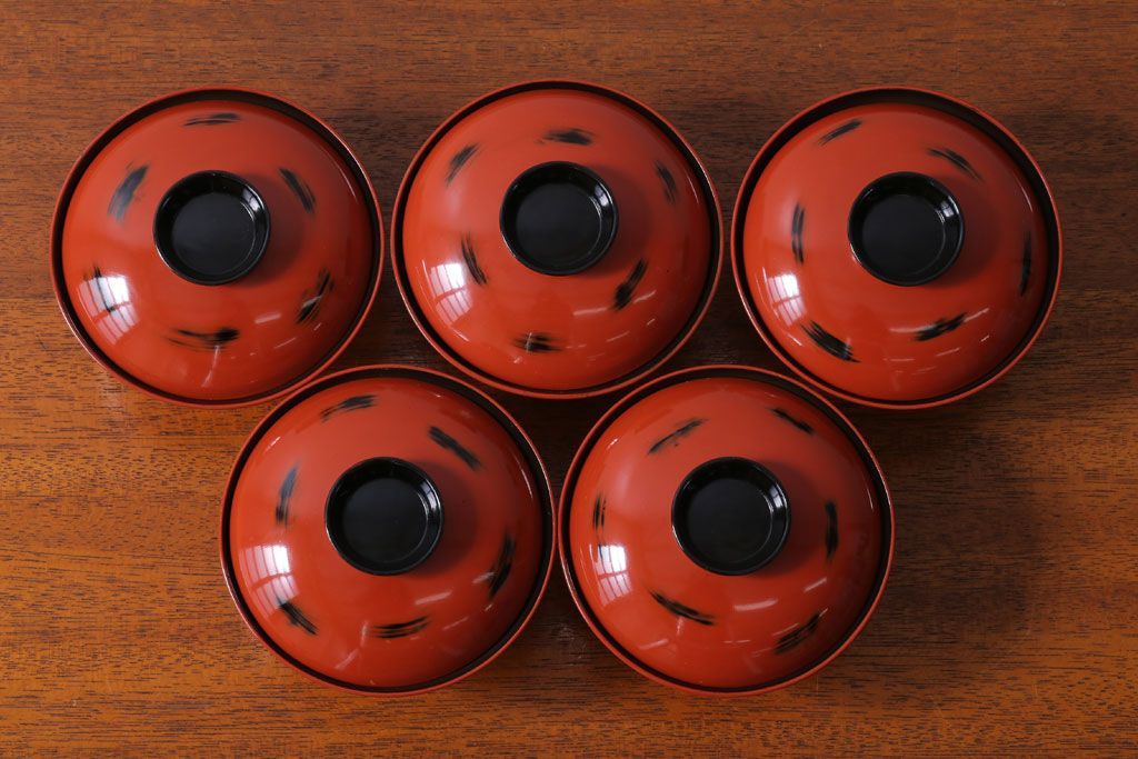 アンティーク雑貨　アンティーク　根来塗風　山葵に河豚の図　木製蒔絵椀5客セット