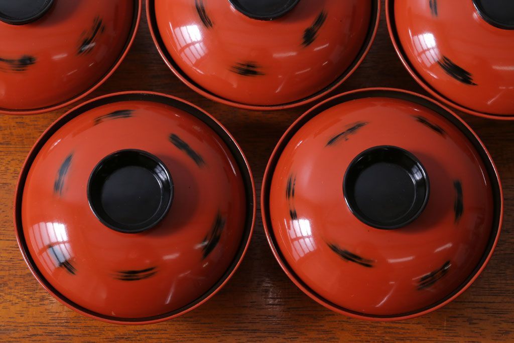 アンティーク雑貨　アンティーク　根来塗風　山葵に河豚の図　木製蒔絵椀5客セット