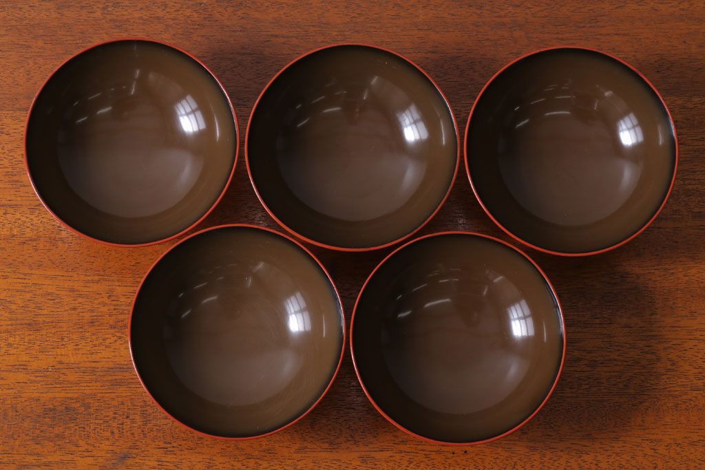 アンティーク雑貨　アンティーク　根来塗風　山葵に河豚の図　木製蒔絵椀5客セット