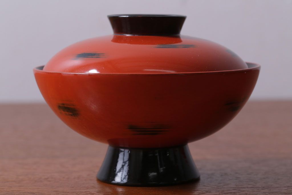 アンティーク雑貨　アンティーク　根来塗風　山葵に河豚の図　木製蒔絵椀5客セット