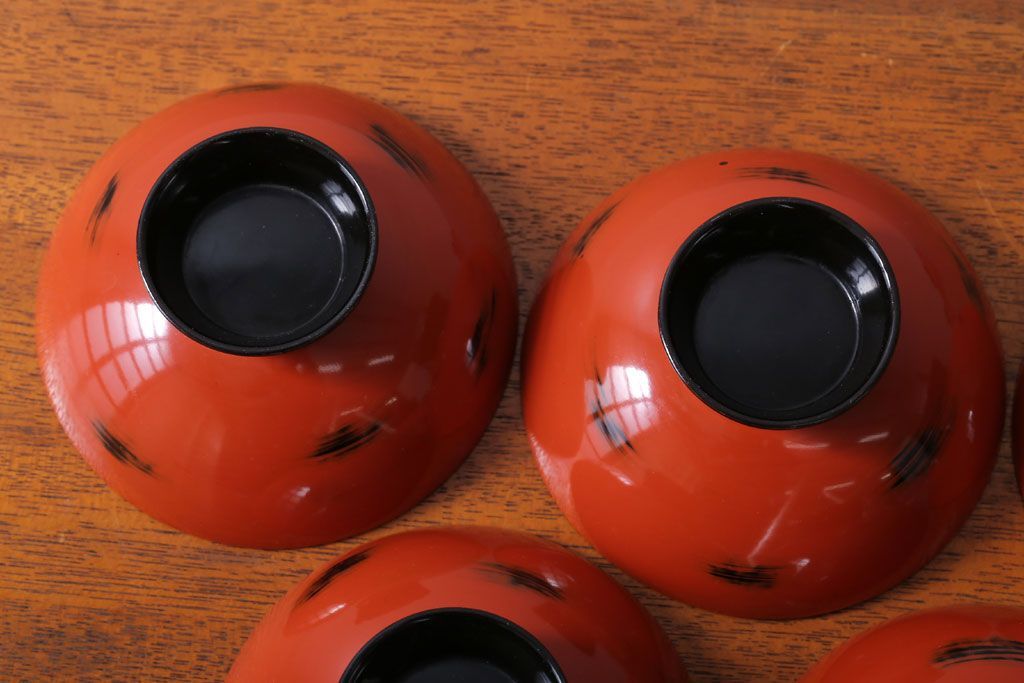 アンティーク雑貨　アンティーク　根来塗風　山葵に河豚の図　木製蒔絵椀5客セット