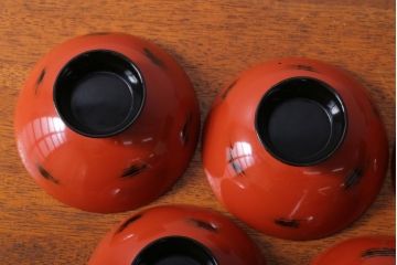 アンティーク雑貨　アンティーク　根来塗風　山葵に河豚の図　木製蒔絵椀5客セット