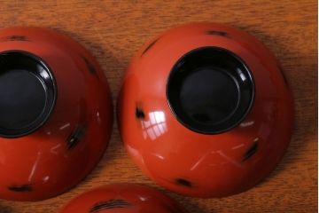 アンティーク雑貨　アンティーク　根来塗風　山葵に河豚の図　木製蒔絵椀5客セット