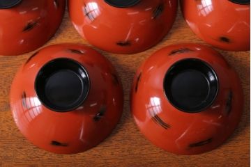 アンティーク雑貨　アンティーク　根来塗風　山葵に河豚の図　木製蒔絵椀5客セット