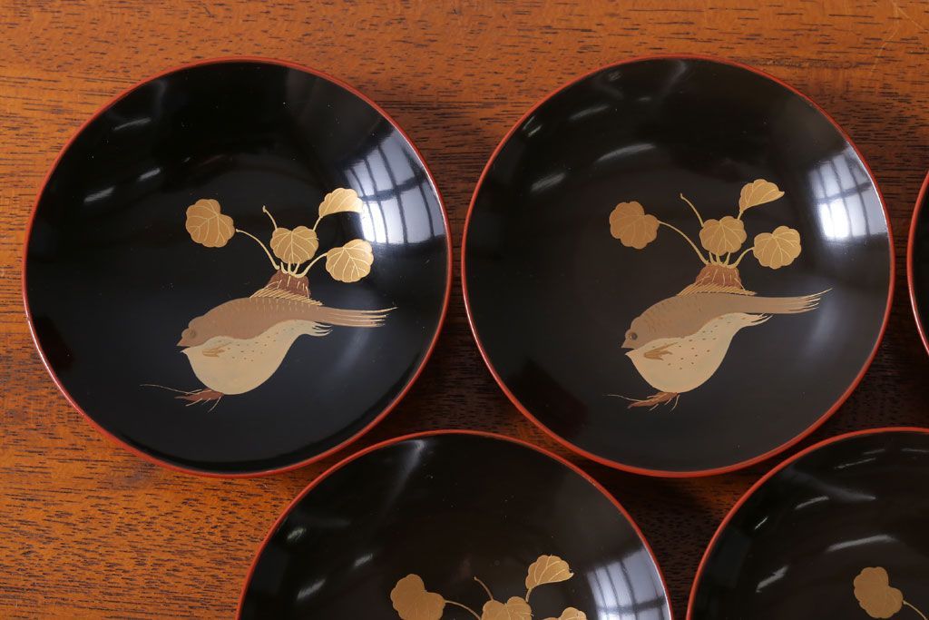 アンティーク雑貨　アンティーク　根来塗風　山葵に河豚の図　木製蒔絵椀5客セット