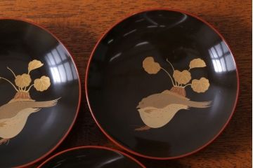 アンティーク雑貨　アンティーク　根来塗風　山葵に河豚の図　木製蒔絵椀5客セット