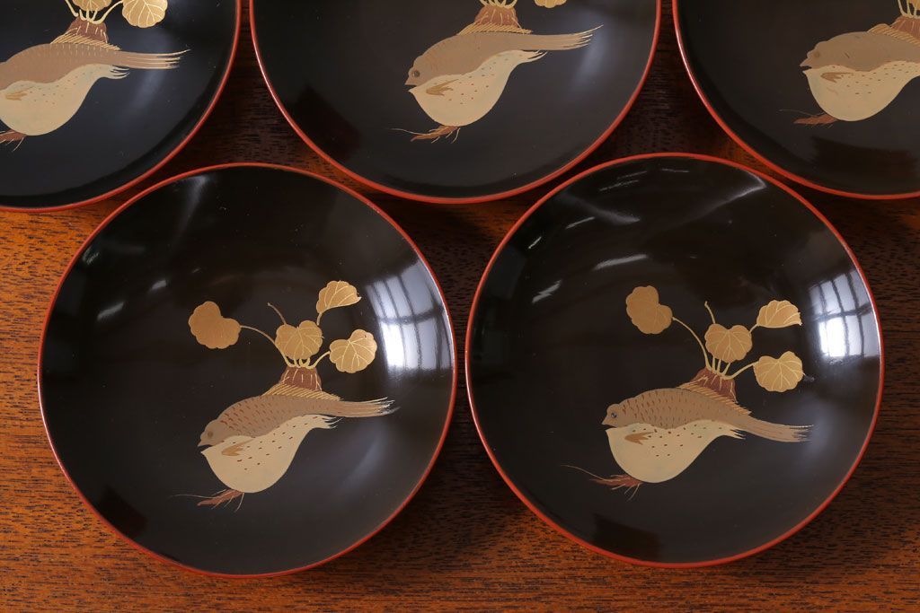アンティーク雑貨　アンティーク　根来塗風　山葵に河豚の図　木製蒔絵椀5客セット
