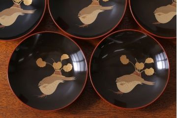 アンティーク雑貨　アンティーク　根来塗風　山葵に河豚の図　木製蒔絵椀5客セット