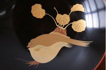 アンティーク雑貨　アンティーク　根来塗風　山葵に河豚の図　木製蒔絵椀5客セット