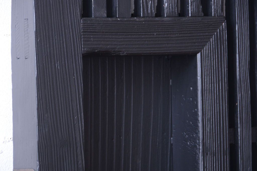 古民具・骨董　明治〜大正期　裏ガラス入り!艶消しブラック塗装のアンティーク蔵戸(玄関戸)