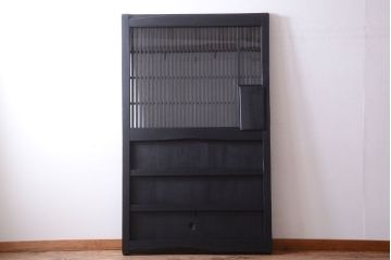 古民具・骨董　明治〜大正期　裏ガラス入り!艶消しブラック塗装のアンティーク蔵戸(玄関戸)