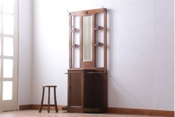 アンティーク雑貨　和製アンティーク　古いカバ材のホールスタンド(ハンガー・フック・鏡)