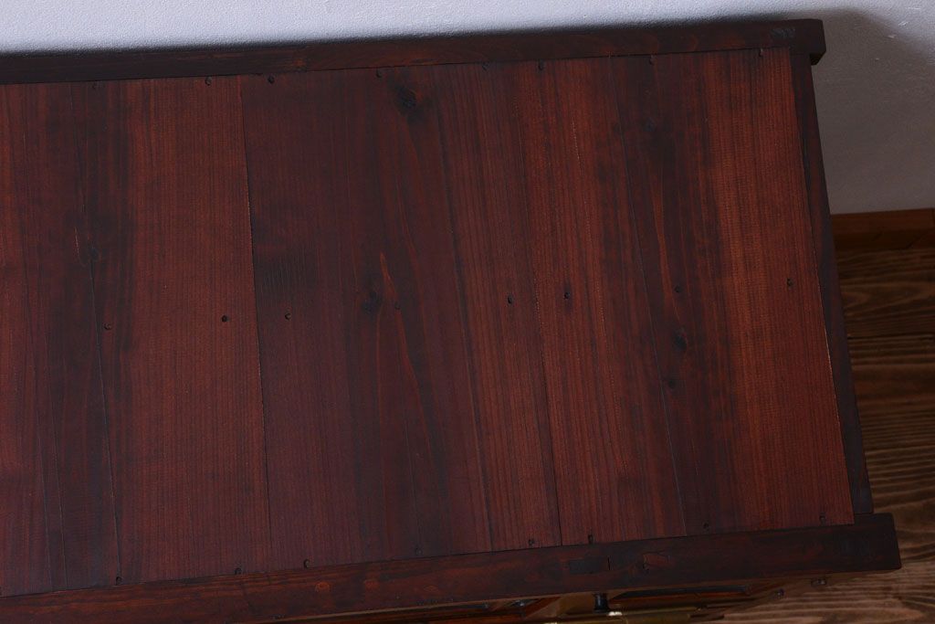 アンティーク家具　和製アンティーク　前面欅材!結霜ガラス入り鉄脚サイドボード(収納棚)