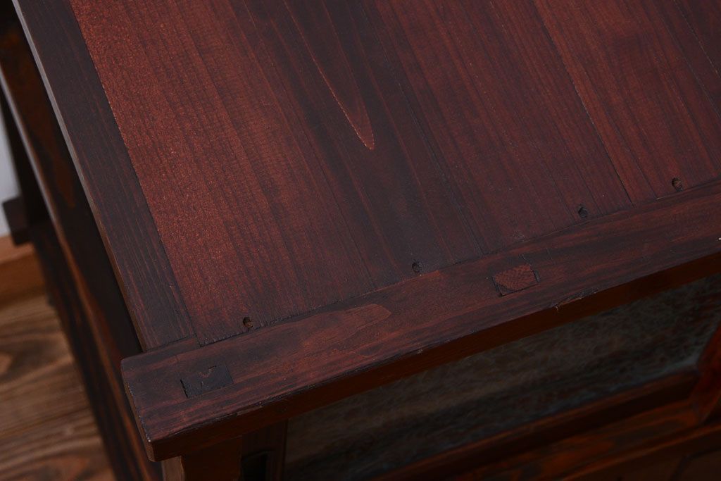 アンティーク家具　和製アンティーク　前面欅材!結霜ガラス入り鉄脚サイドボード(収納棚)