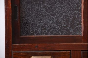 アンティーク家具　和製アンティーク　前面欅材!結霜ガラス入り鉄脚サイドボード(収納棚)