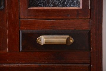 アンティーク家具　和製アンティーク　前面欅材!結霜ガラス入り鉄脚サイドボード(収納棚)