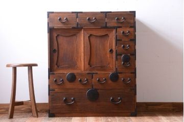 アンティーク家具　古民具・骨董　大正期　古い木味のアンティーク関東帳場箪笥