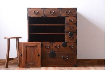 アンティーク家具　古民具・骨董　大正期　古い木味のアンティーク関東帳場箪笥