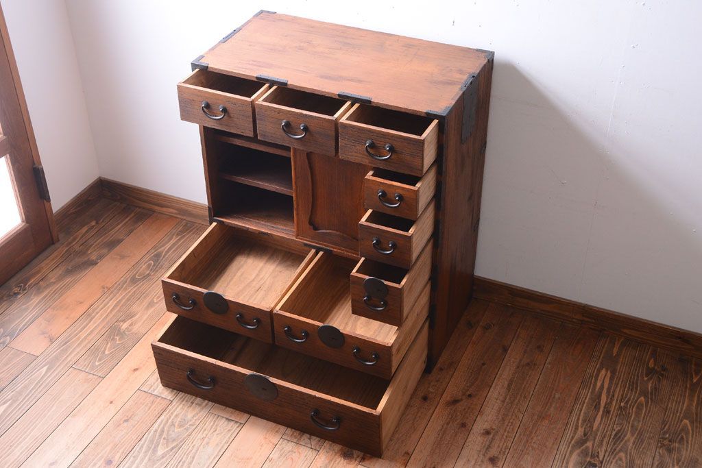 アンティーク家具　古民具・骨董　大正期　古い木味のアンティーク関東帳場箪笥