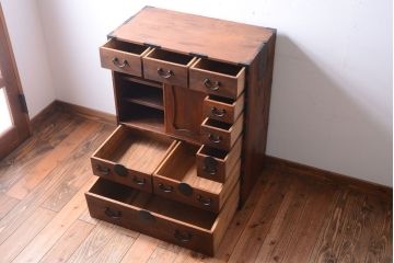 アンティーク家具　古民具・骨董　大正期　古い木味のアンティーク関東帳場箪笥