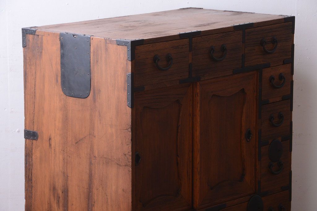 アンティーク家具　古民具・骨董　大正期　古い木味のアンティーク関東帳場箪笥