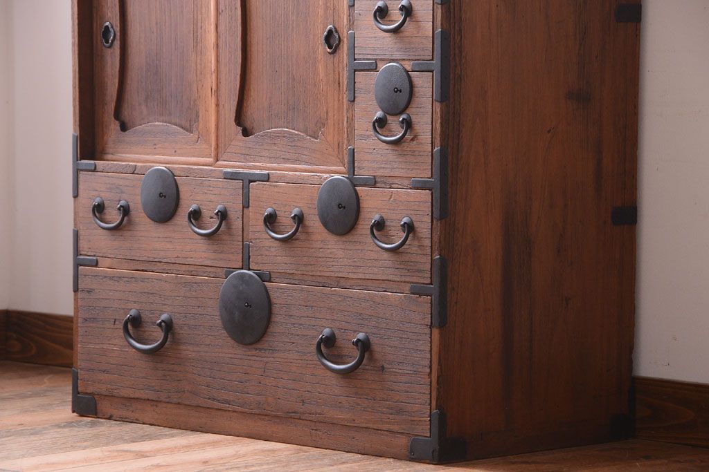 アンティーク家具　古民具・骨董　大正期　古い木味のアンティーク関東帳場箪笥