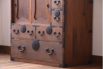 アンティーク家具　古民具・骨董　大正期　古い木味のアンティーク関東帳場箪笥