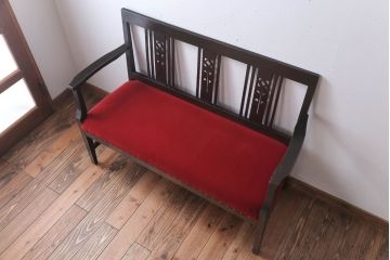 アンティーク家具　大正ロマン　透かし彫り!古いナラ材のアンティークベンチ