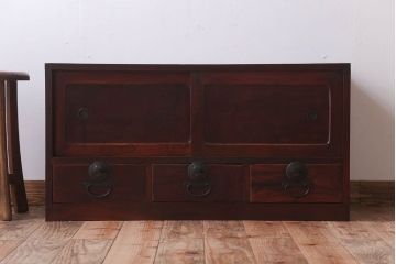 アンティーク家具　古民具・骨董　大正期　前面欅材!古い木製の時代箪笥ローボード