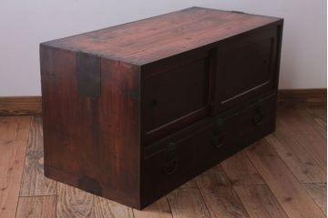 アンティーク家具　古民具・骨董　大正期　前面欅材!古い木製の時代箪笥ローボード