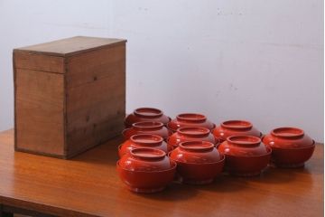 アンティーク　大正〜昭和初期　木製沈金蒔絵椀10客