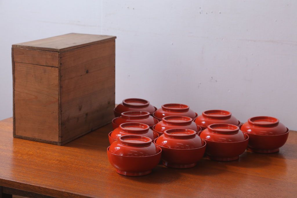 アンティーク　大正〜昭和初期　木製沈金蒔絵椀10客