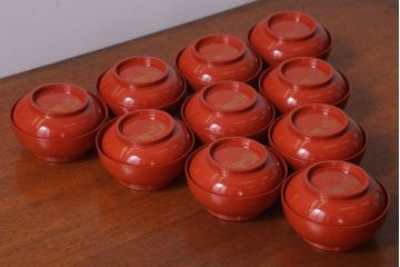 アンティーク　大正〜昭和初期　木製沈金蒔絵椀10客