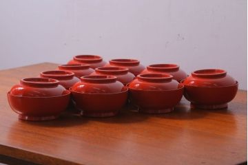 アンティーク　大正〜昭和初期　木製沈金蒔絵椀10客