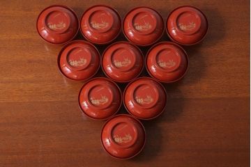 アンティーク　大正〜昭和初期　木製沈金蒔絵椀10客