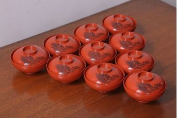 アンティーク　大正〜昭和初期　木製沈金蒔絵椀10客(2)