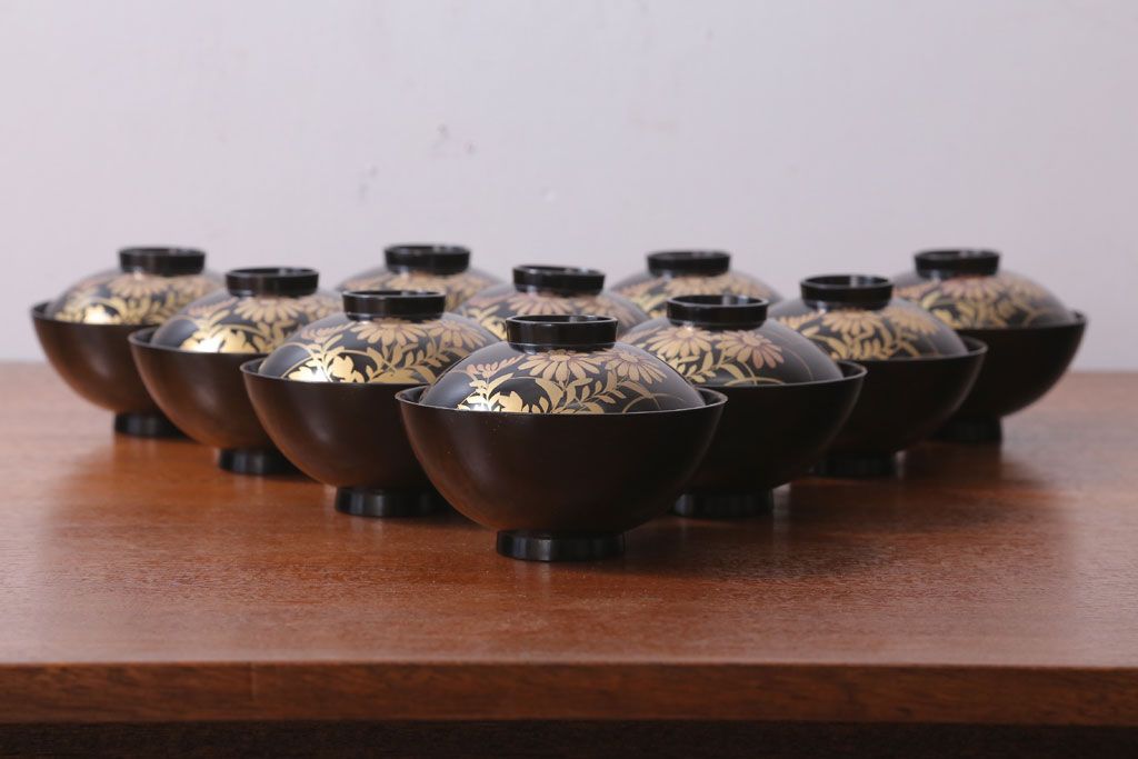 アンティーク雑貨　アンティーク　昭和三年　木製蒔絵椀10客