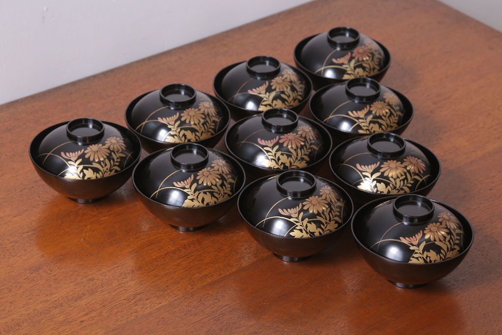 アンティーク雑貨　アンティーク　昭和三年　木製蒔絵椀10客