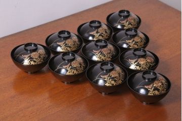 アンティーク雑貨　アンティーク　昭和三年　木製蒔絵椀10客