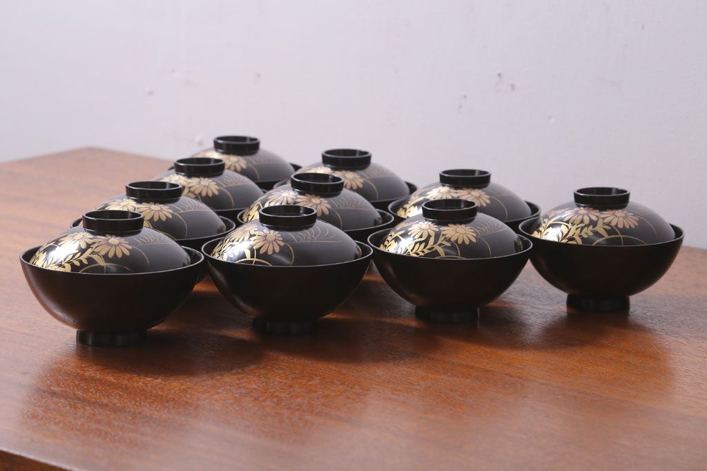 アンティーク雑貨　アンティーク　昭和三年　木製蒔絵椀10客