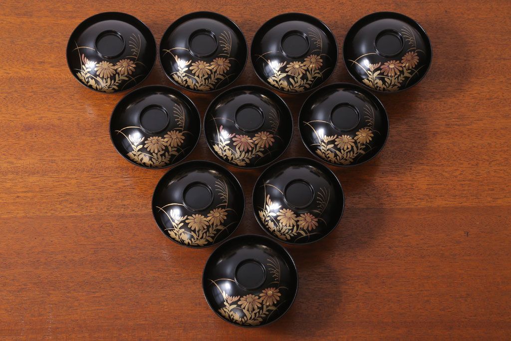 アンティーク雑貨　アンティーク　昭和三年　木製蒔絵椀10客