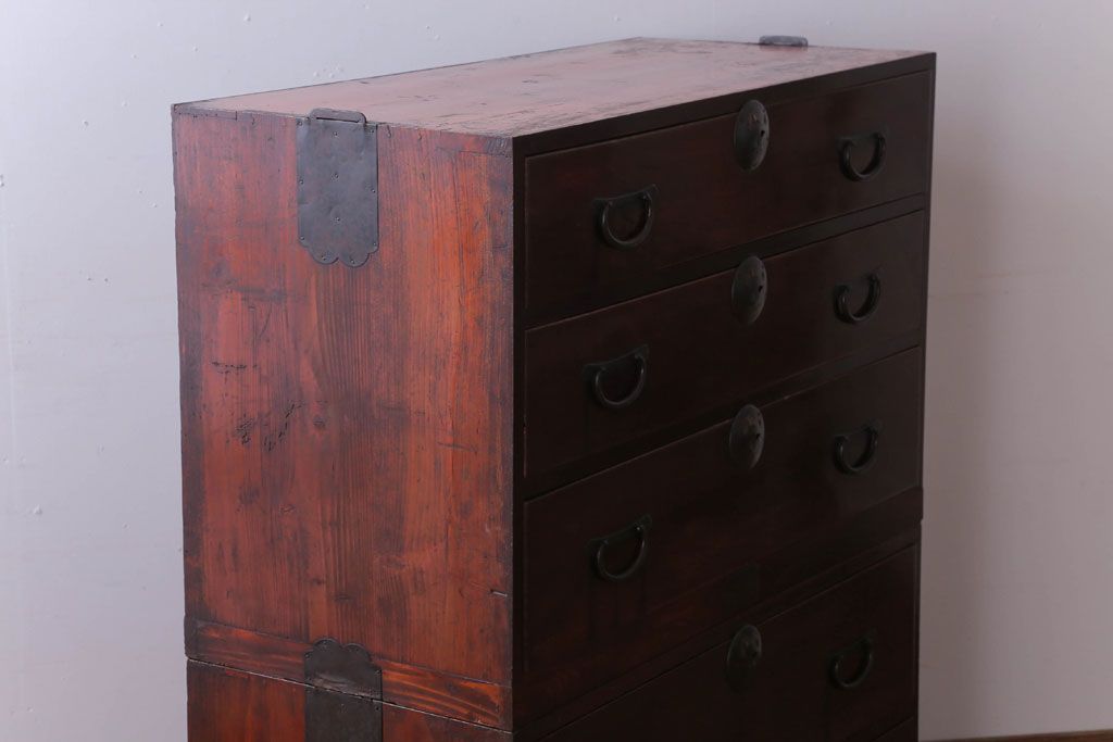 アンティーク家具　古民具・骨董　明治〜大正期　前面欅材!古い木製の重ね衣装箪笥