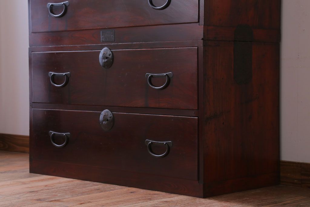 アンティーク家具　古民具・骨董　明治〜大正期　前面欅材!古い木製の重ね衣装箪笥