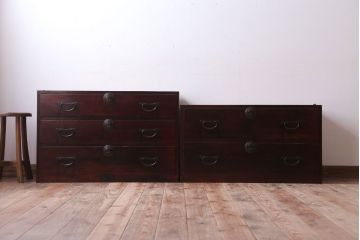 アンティーク家具　古民具・骨董　明治〜大正期　前面欅材!古い木製の重ね衣装箪笥