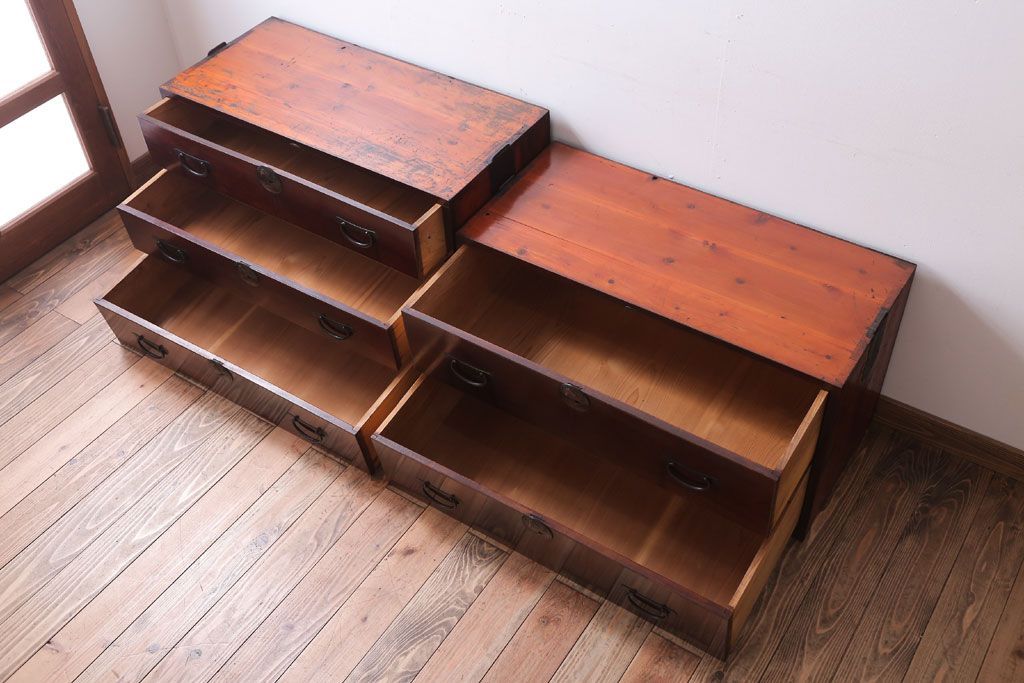 アンティーク家具　古民具・骨董　明治〜大正期　前面欅材!古い木製の重ね衣装箪笥