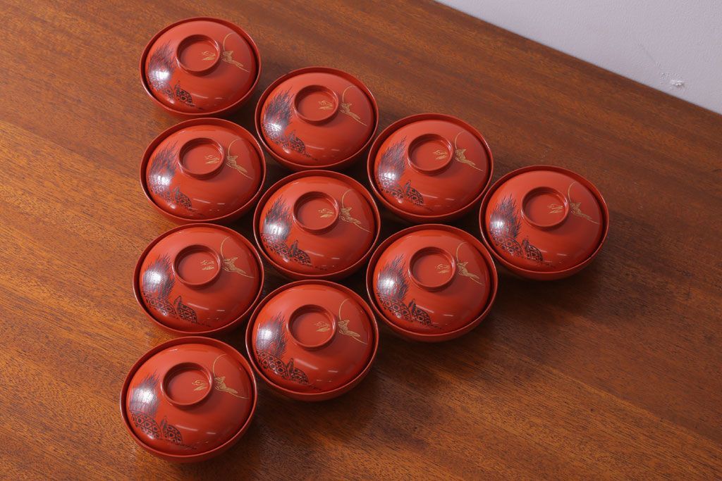 アンティーク 昭和三年　木製沈金蒔絵椀10客