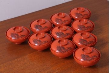 アンティーク 昭和三年　木製沈金蒔絵椀10客