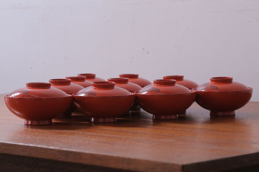 アンティーク 昭和三年　木製沈金蒔絵椀10客