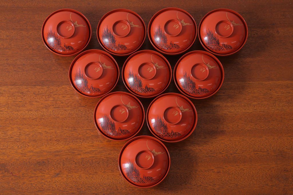 アンティーク 昭和三年　木製沈金蒔絵椀10客